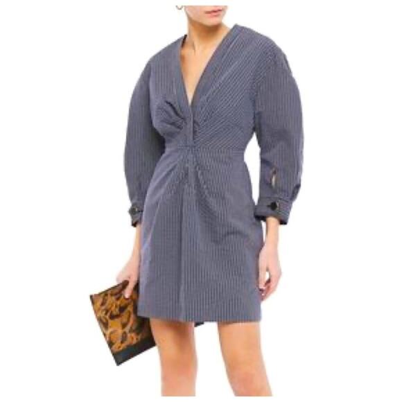 Sandro Paris Kassy Striped Puff Sleeve V-Neck Mini Dress Blue Women's 36/4 - Picture 1 of 12